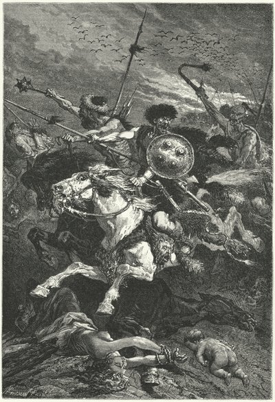 Hunnit hyökkäämässä Chalonsin taistelussa, 451 (kaiverrus) tekijältä Alphonse Marie de (after) Neuville