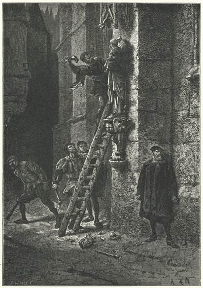 Protestantit tuhoavat Neitsyen ja Lapsen patsaan Notre Damessa Pariisissa tekijältä Alphonse Marie de (after) Neuville