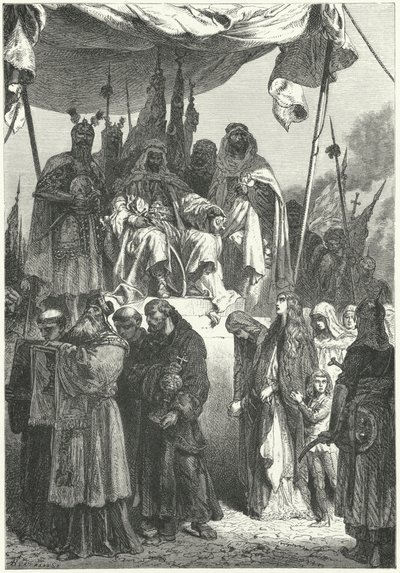 Saladin katselee vangittujen kristittyjen ohikulkua Jerusalemin valloituksen jälkeen tekijältä Alphonse Marie de (after) Neuville