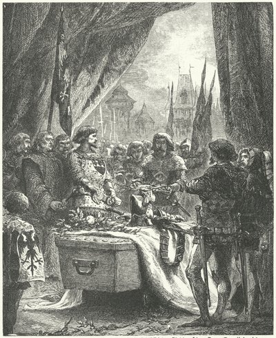 Chateauneuf de Randonin komentaja laskemassa kaupungin avaimet Bertrand du Guesclinin arkkuun tekijältä Alphonse Marie de (after) Neuville
