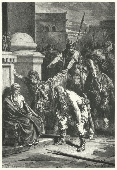 Rooman konsulin Marcus Papiriuksen kuolema Rooman gallilaisessa säkissä, 387 eKr. (kaiverrus) tekijältä Alphonse Marie de (after) Neuville