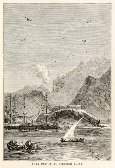Ne laitettiin Steamer Pointiin Jules Vernen (1828-1905) teoksesta Around the World in Eighty Days, kaivertanut Louis Dumont (s.1822) tekijältä Alphonse Marie de (after) Neuville