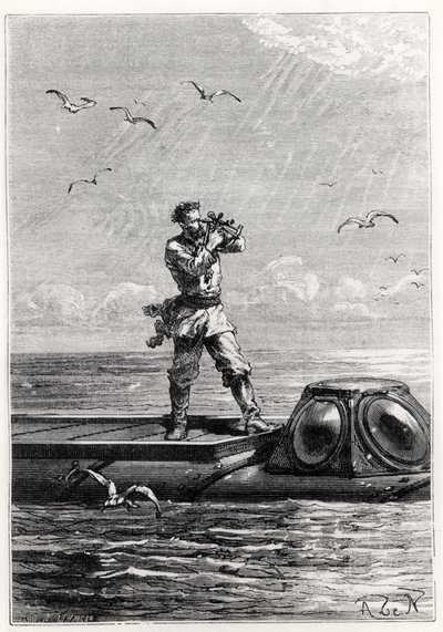 Kapteeni Nemo Nautiluksen päällä, Jules Vernen (1828-1905) teoksesta "20 000 liigaa meren alla", kaivertanut Henri Theophile Hildibrand (1824-97) tekijältä Alphonse Marie de Neuville