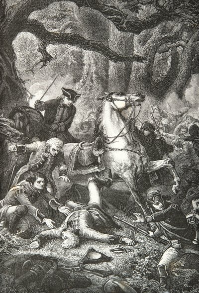 Kenraali Edward Braddockin kuolema Monongahelan taistelussa tekijältä Alphonse Marie de Neuville