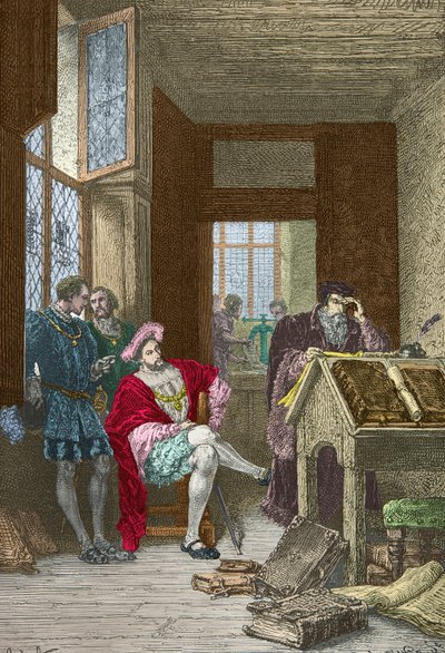 Francois 1er vierailee Robert Estiennen kirjapainossa (Kaiverrus) (Kaiverrus) tekijältä Alphonse Marie de Neuville