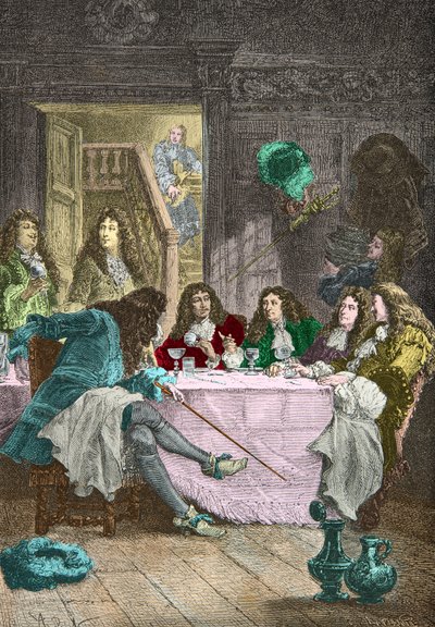 Jean de La Fontaine, Nicolas Boileau Despreaux, Moliere ja Racine ruokailemassa kabareessa (kaiverrus). tekijältä Alphonse Marie de Neuville