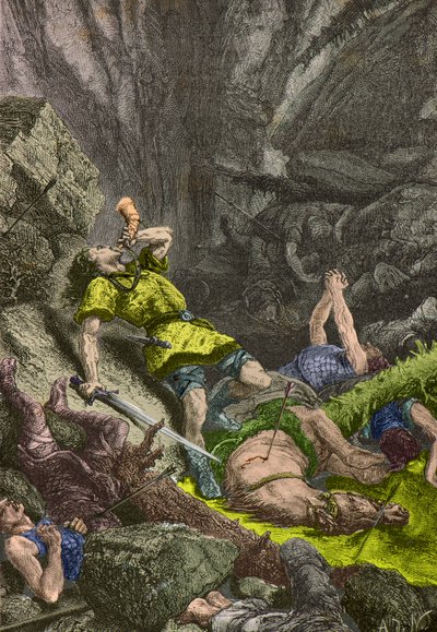 Ritari Roland soittaa torveaan Roncesvallesissa vuonna 778 (kaiverrus). tekijältä Alphonse Marie de Neuville