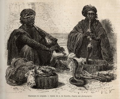 Les charmeurs de käärmeet, jotka käyvät kauppaa matelijoilla, joita he houkuttelevat puhaltamalla toumriliinsa (huilu), kaiverrus A. de Neuvillen piirustuksen mukaan, havainnollistaen rajahien matkaa Intiaan vuosina 1864-1868, Louis Rousselet, julkaissut " tekijältä Alphonse Marie de Neuville