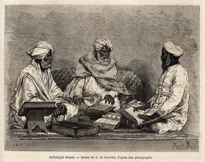 Les mullahs de la mosque de Bhopal, jossa käsitellään täydellisesti muslimien uskonnon kiistanalaisia kohtia, kaiverrus A. de Neuvillen piirustuksen jälkeen, havainnollistaen rajahien matkaa Intiassa vuosina 1864-1868, Louis Rousselet, julkaissut v. "" Le  tekijältä Alphonse Marie de Neuville
