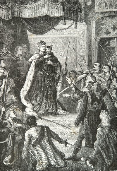 Itävallan Maria Teresia ja tuleva Joosef 2 unkarilaisten magnaattien edessä. tekijältä Alphonse Marie de Neuville