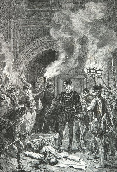 Saint Barthelemyn verilöyly, Duc de Guise työntää jalallaan Gaspard de Colignyn ruumista (kaiverrus) (kaiverrus) tekijältä Alphonse Marie de Neuville