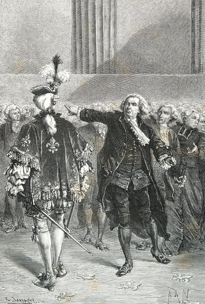 Mirabeau huudahtaa: "Menkää ja kertokaa niille, jotka lähettivät teidät, että olemme täällä kansan tahdosta ja että pääsemme pois täältä vain pistimillä." tekijältä Alphonse Marie de Neuville