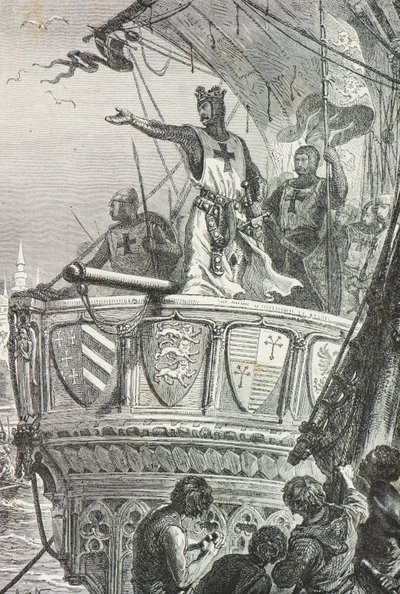 Rikhard Leijonasydän lähtee Pyhältä maalta vuonna 1192 (kaiverrus). tekijältä Alphonse Marie de Neuville