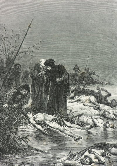 Kaarle Temerairen ruumis löydetään Nancyn taistelun jälkeen. tekijältä Alphonse Marie de Neuville