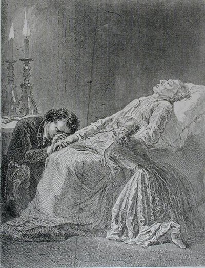 Jean Valjeanin kuolema, kuva Victor Hugon (1802-85) Les Miserablesista tekijältä Alphonse Marie de after Neuville