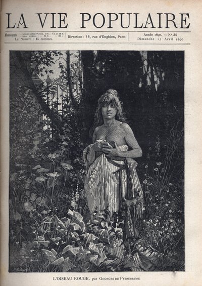 Alaston nuori nainen, seisoo ja decoiffee, peittää vartalonsa huovalla, ympäröimänä kasvillisuus ja puut, jotka peittävät takorautaverkon. Kuvitus: Alfons Maria Mucha (Alphonse Marie Mucha tekijältä Alphonse Mucha