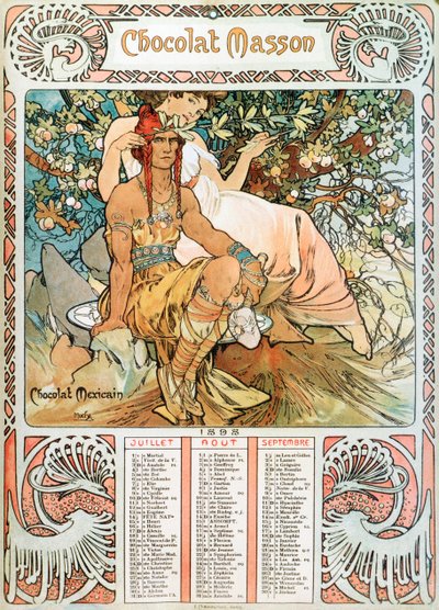 Vuoden 1898 aikuisten kalenterin sivu 1898, koristelu Alphonse Muchan (1860-1939) mainoskuvitukseen suklaille Masson - "" Keski-ikä"" Mainoskuvitus Alphonse Mucha tekijältä Alphonse Mucha