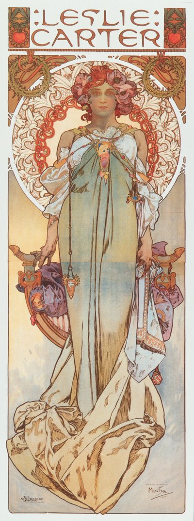 Alphonse Muchan mainoskuvitus, joka edustaa näyttelijä Leslie Carteria hänen uudessa näytelmässään "Kassa" - 1908 Dim 78x209 cm Yksityinen kokoelma tekijältä Alphonse Mucha
