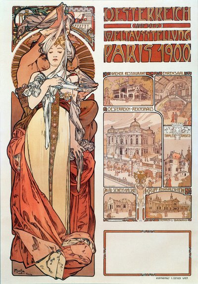 Alphonse Muchan (1860-1939) Itävallan mainosjuliste edustettuna Pariisin yleisnäyttelyssä 1900 - Koko 68x98,5 cm Alphonse Muchan mainosjuliste "" Austria" -näyttelyssä tekijältä Alphonse Mucha