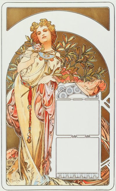 Alphonse Muchan (1860-1939) mainosjuliste kalenteriin 1898 - Koko 31x51 cm Alphonse Muchan mainosjuliste kalenteriin, 1898 - Yksityinen kokoelma tekijältä Alphonse Mucha