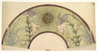 Suunnittelu tuulettimelle, jossa on auringonsäteitä, liljoja ja iiriksiä, 1800-luvun loppu - 1900-luvun puoliväli tekijältä Alphonse Mucha