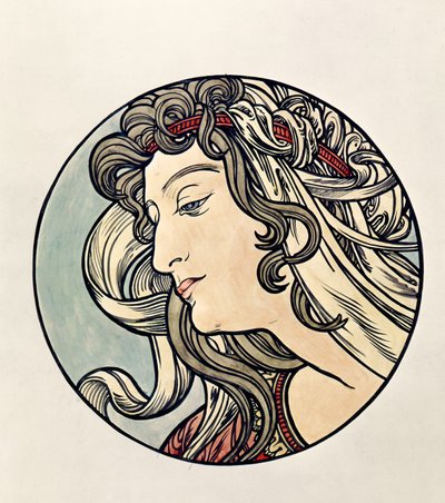 Naisen pää tekijältä Alphonse Mucha
