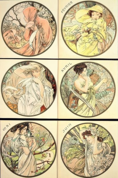 Tammikuu / helmikuu / maaliskuu / huhtikuu / toukokuu / kesäkuu tekijältä Alphonse Mucha