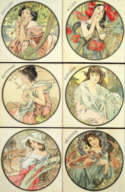 Heinä / elokuu / syyskuu / lokakuu / marraskuu / joulukuu tekijältä Alphonse Mucha