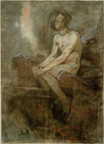 Mies alaston istuu kivellä tekijältä Alphonse Mucha