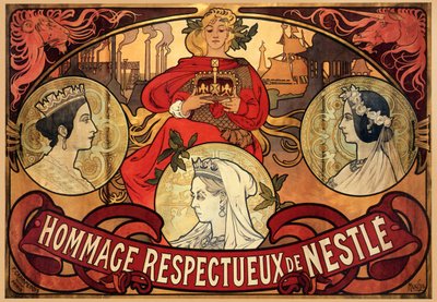 Nestlé-juliste, kunnianosoitus kuningatar Victorian timanttijuhlalle, 1897 tekijältä Alphonse Mucha