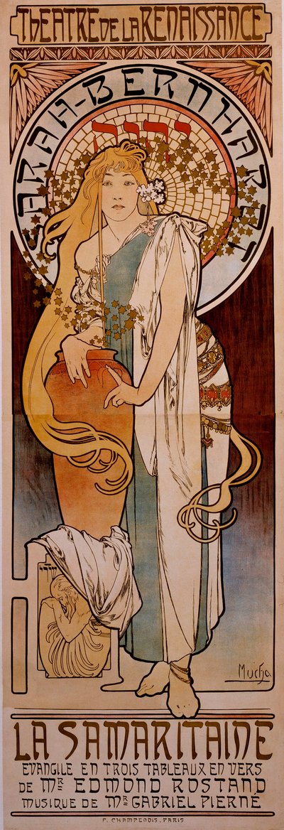 Juliste Edmond Rostandin teokseen "" La Samaritaine" - esitti Henriette Rosine Bernard dit Sarah Bernhardt (1844-1923) vuonna 1897 Theater de la Renaissancessa. Piirustus Alphonse Mucha (1860-1939) 1897 tekijältä Alphonse Mucha