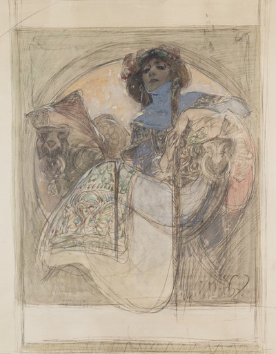 Istuva nainen – tutkielma julistetta varten, 1897 tekijältä Alphonse Mucha
