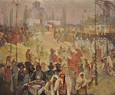 Serbian tsaari Stefan Dusanin kruunaus Itä-Rooman keisariksi Sykli Slaavien eepos tekijältä Alphonse Mucha