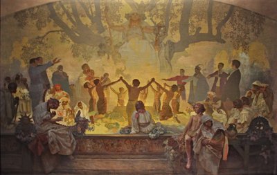 Omladinan vala slaavilaisen lehmuspuun alla Sykli Slaavieepos tekijältä Alphonse Mucha