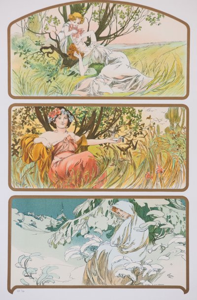 Kolme vuodenaikaa, n. 1898. tekijältä Alphonse Mucha