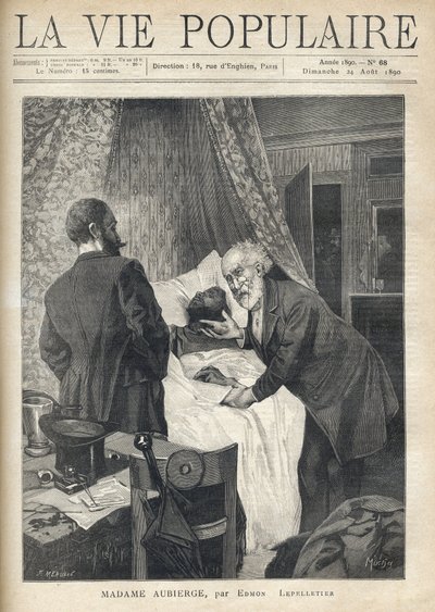 Kaksi miestä kumartuu sängyn yli nähdäkseen miehen kuoleman. Ovella muut miehet katsovat kohtausta. Kuvitus: Alfons Maria Mucha (Alphonse Marie Mucha tekijältä Alphonse Mucha