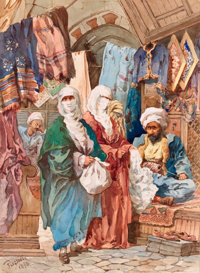 Silkkibasaari (itämaiset markkinat, souk, silkkitavarat) - Silkkibasaari - Kirjailija: Amedeo Preziosi (1816-1882), Vesiväri paperille (41x30 cm) - Pera-museo, Istanbul tekijältä Amadeo Preziosi