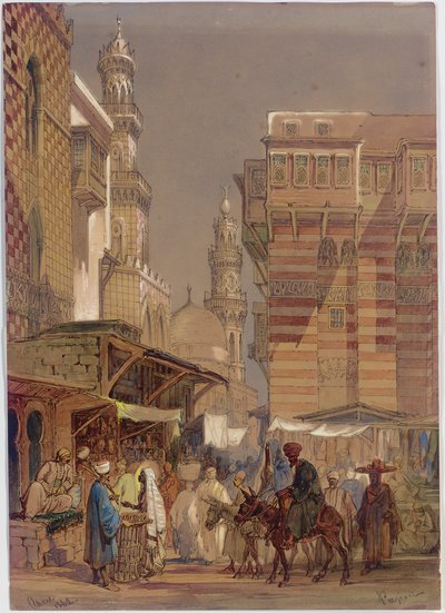 Markkinapäivä Mu"izz id-Din li-Lahissa, vanha Kairo, 1862 tekijältä Amadeo Preziosi