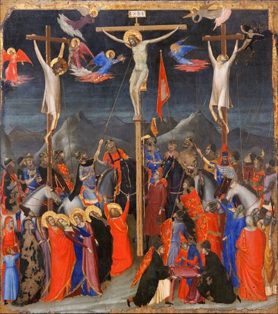 Ristiinnaulitseminen - Sivuilla hyvän varkaan (kutsutaan myös Saint Dismasiksi (tai Dysmas, Dimas, Dumas) ja pahan varkaan (Gesmas tai Gestas) esitys, kaksi Jeesuksen Kristuksen kanssa ristiinnaulittua ryöväriä - Kirjoitus INRI (I N R I) ristillä - Gion ma tekijältä Ambrogio Bondone (workshop) Giotto