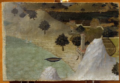 Järven rannalla seisova linna - tempera paneelissa tekijältä Ambrogio Lorenzetti