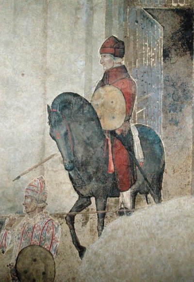 Allegoria huonosta hallituksesta, yksityiskohta aseistetusta ratsumiehestä. tekijältä Ambrogio Lorenzetti