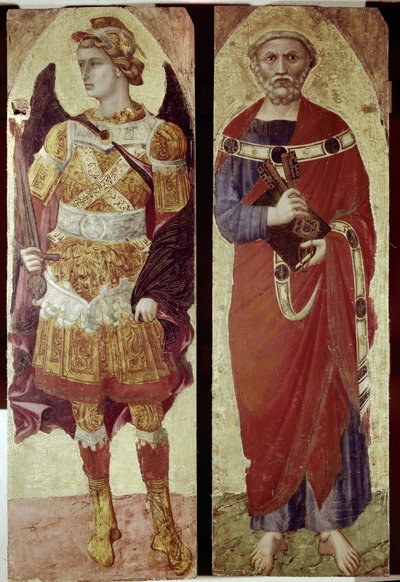 Arkkienkeli Mikael ja pyhä Pietari, polyptiikan yksityiskohta (tempera puulla tekijältä Ambrogio Lorenzetti