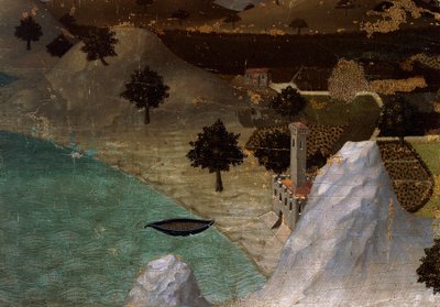 Linna järven rannalla, kirjoittanut Ambrogio Lorenzetti (1290-n. 1348), Tempera puun päällä, 22,5x33 cm tekijältä Ambrogio Lorenzetti