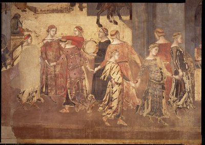 Hyvän hallinnon vaikutukset kaupungissa, yksityiskohta tanssijoista ja tamburiinin soittajista, 1338-40 tekijältä Ambrogio Lorenzetti