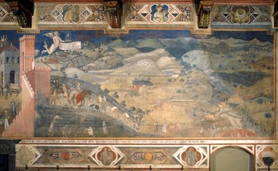 Hyvän hallinnon vaikutukset maaseudulla Freskojen kierto Hyvän ja huonon hallituksen allegoria, 1338-1339 tekijältä Ambrogio Lorenzetti