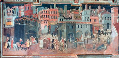 Hyvän hallinnon vaikutukset kaupunkielämään, yksityiskohta, c1330 tekijältä Ambrogio Lorenzetti