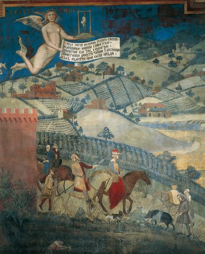 Hyvän hallinnon vaikutukset maassa, yksityiskohta allegoriasta ja hyvän ja huonon hallinnon vaikutukset kaupungissa ja maalla tekijältä Ambrogio Lorenzetti