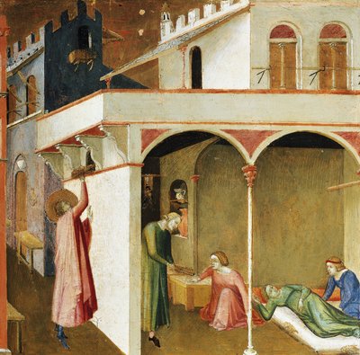 Nicolas heittää rahaa kolmen nuoren tytön taloon välttääkseen prostituutiota lahjoittamalla heidät avioliittoon. Kohtauksia Pyhän Nikolauksen elämästä (Tempera puulla tekijältä Ambrogio Lorenzetti