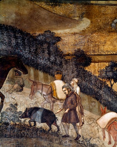 Talonpojat kyntämässä peltoja. Yksityiskohta Hyvän ja huonon hallituksen vaikutuksista kaupunkiin ja maaseudulle. (Fresko tekijältä Ambrogio Lorenzetti