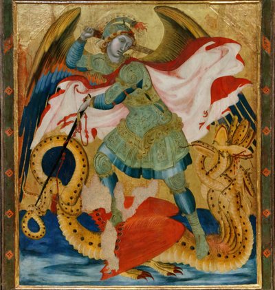 Arkkienkeli Mikael tappaa lohikäärmeen pyhien Benedictuksen ja Bartholomeuksen välissä (tempera paneelille). tekijältä Ambrogio Lorenzetti